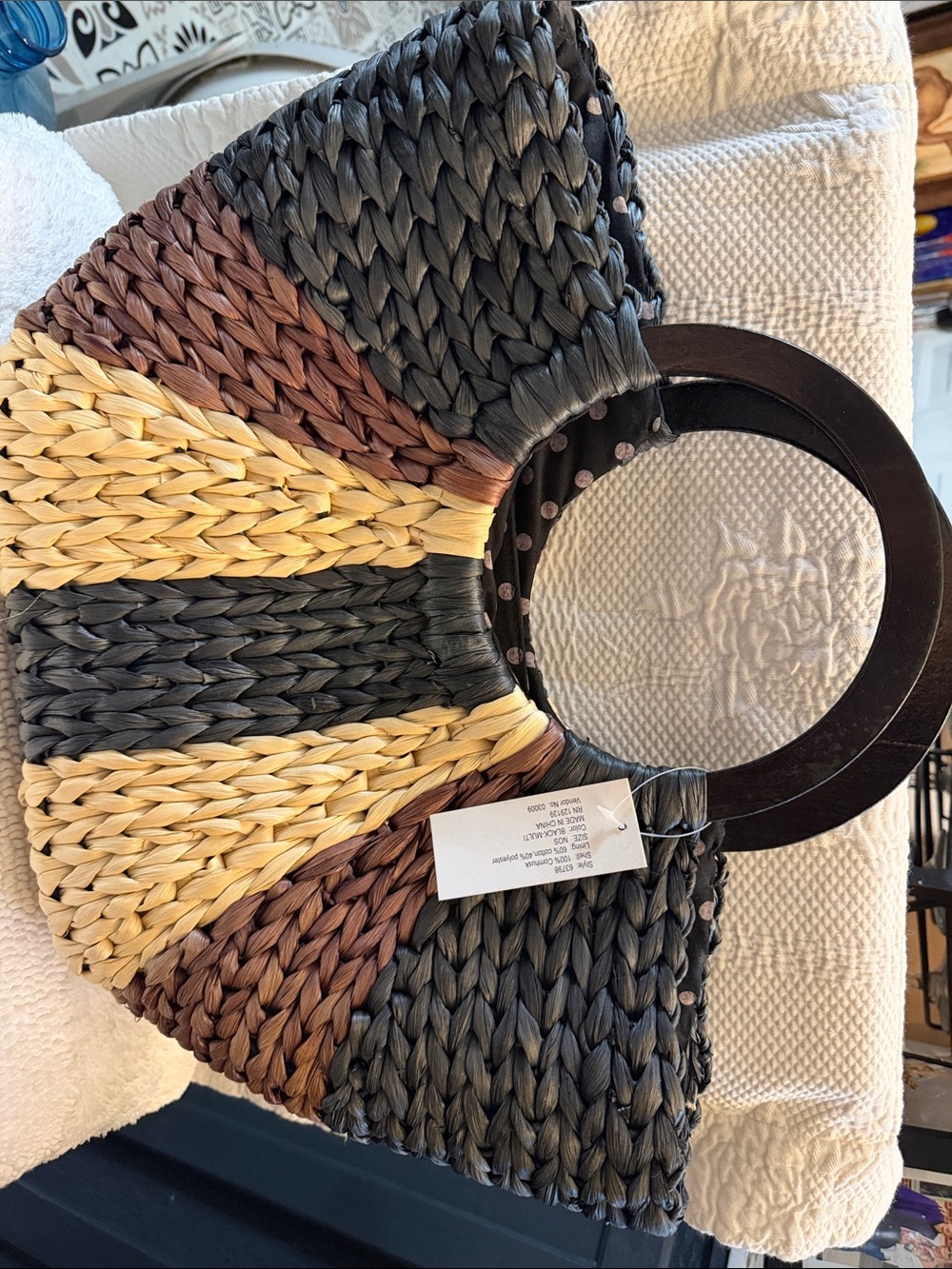 Woven Corn Husk Straw Tote Handbag Multicolor Ray Sunburst Wood Circle Handle